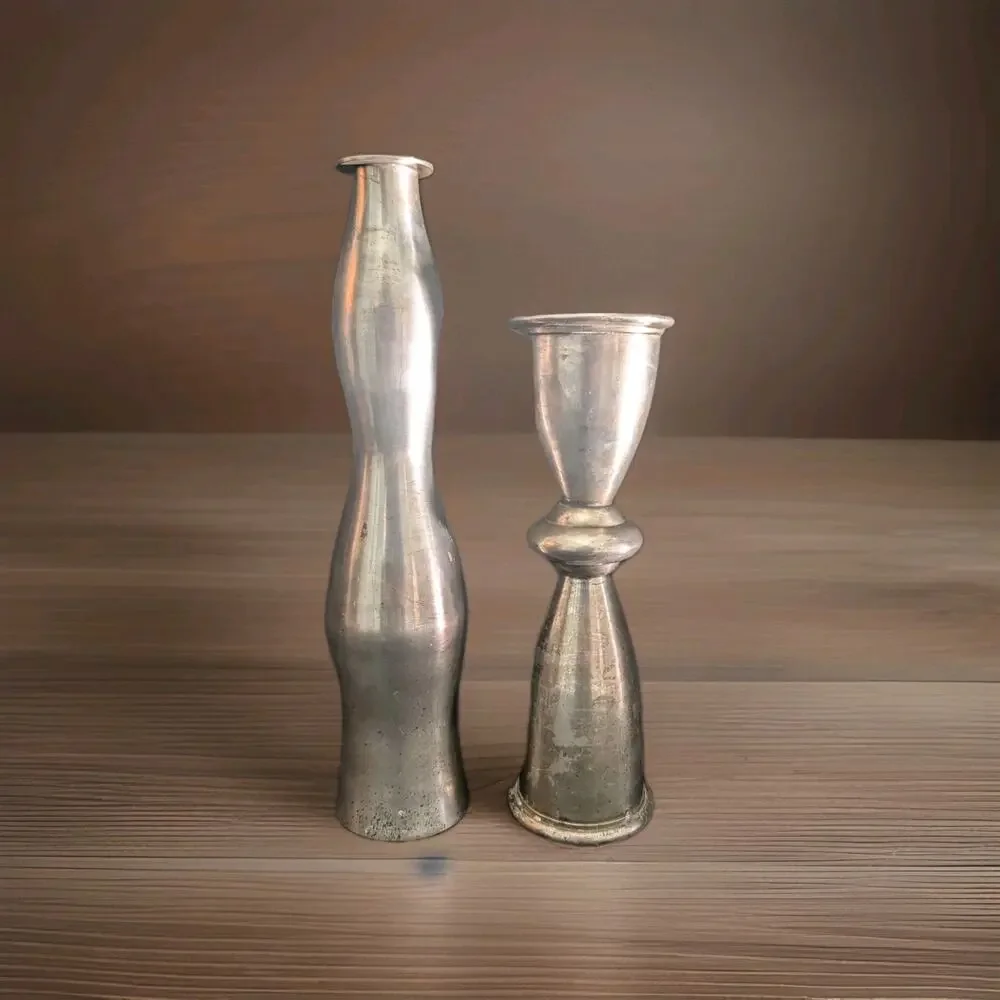 Aluminum Candlesticks Pair Silver Tone MCM Style Geometric Hourglass 9.75 & 12